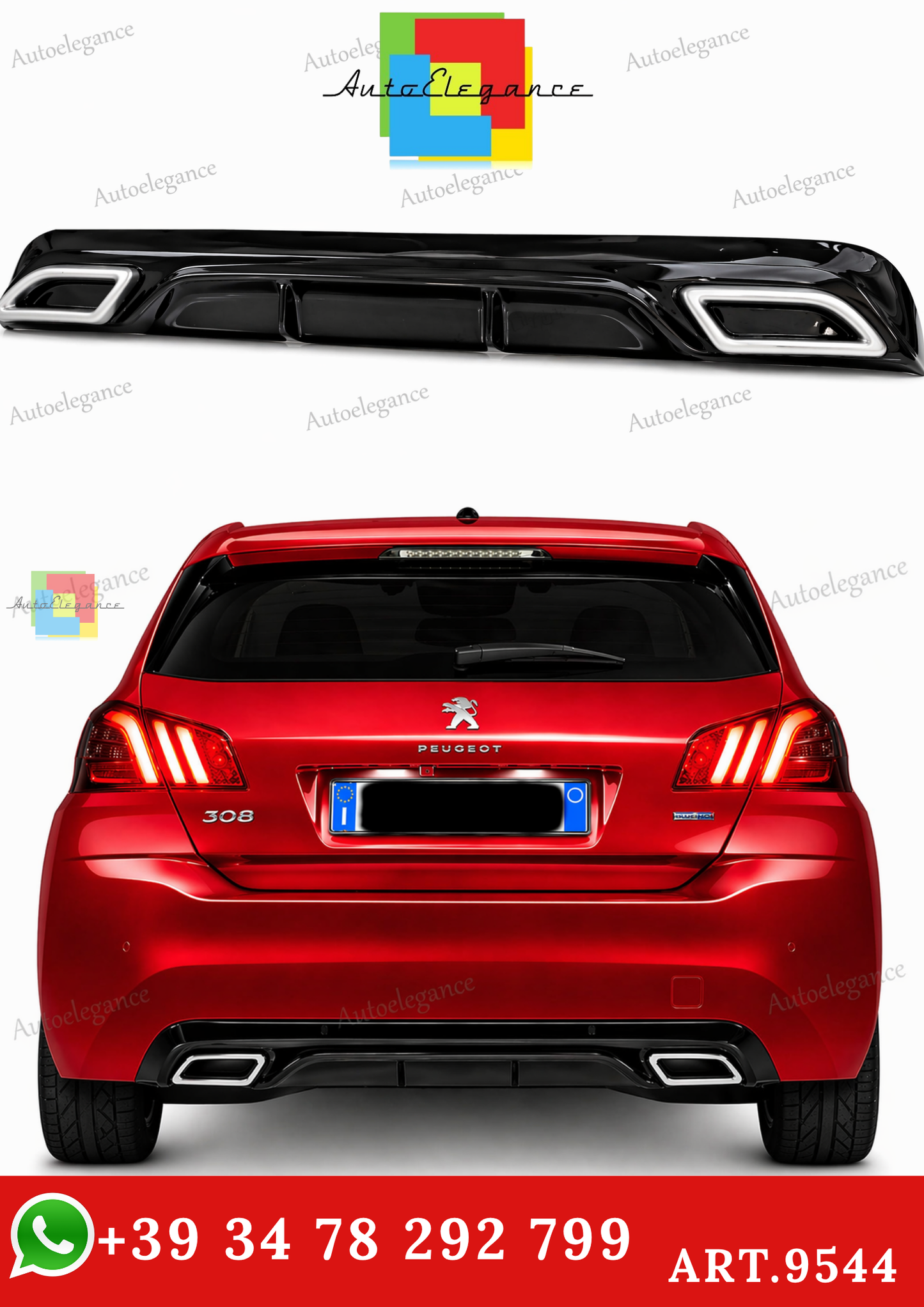 🔥ART.9544 DIFFUSORE PEUGEOT 308 II 5 PORTE 13-21 NERO LUCIDO TERMINALI OVALI🔥