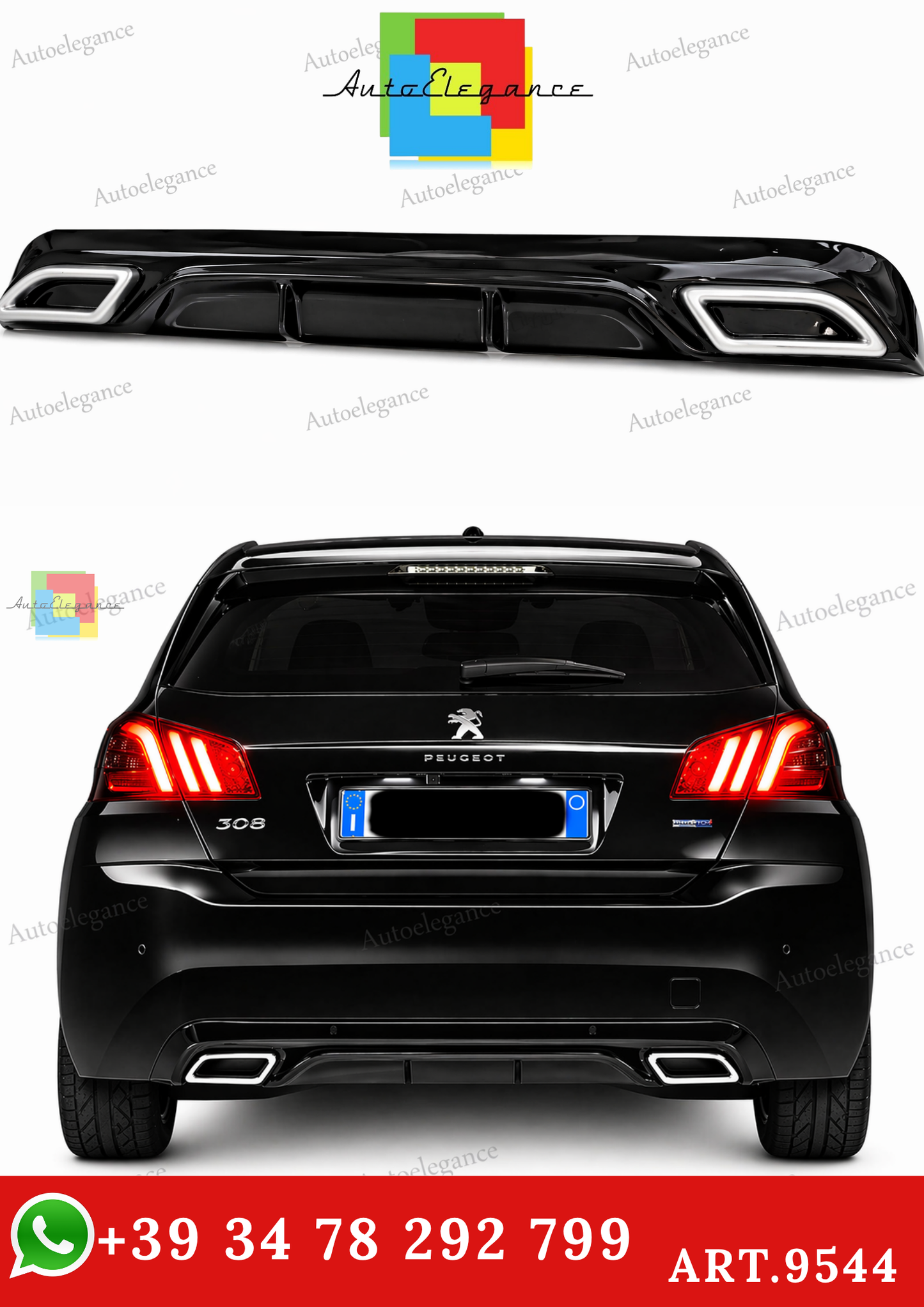 🔥ART.9544 DIFFUSORE PEUGEOT 308 II 5 PORTE 13-21 NERO LUCIDO TERMINALI OVALI🔥