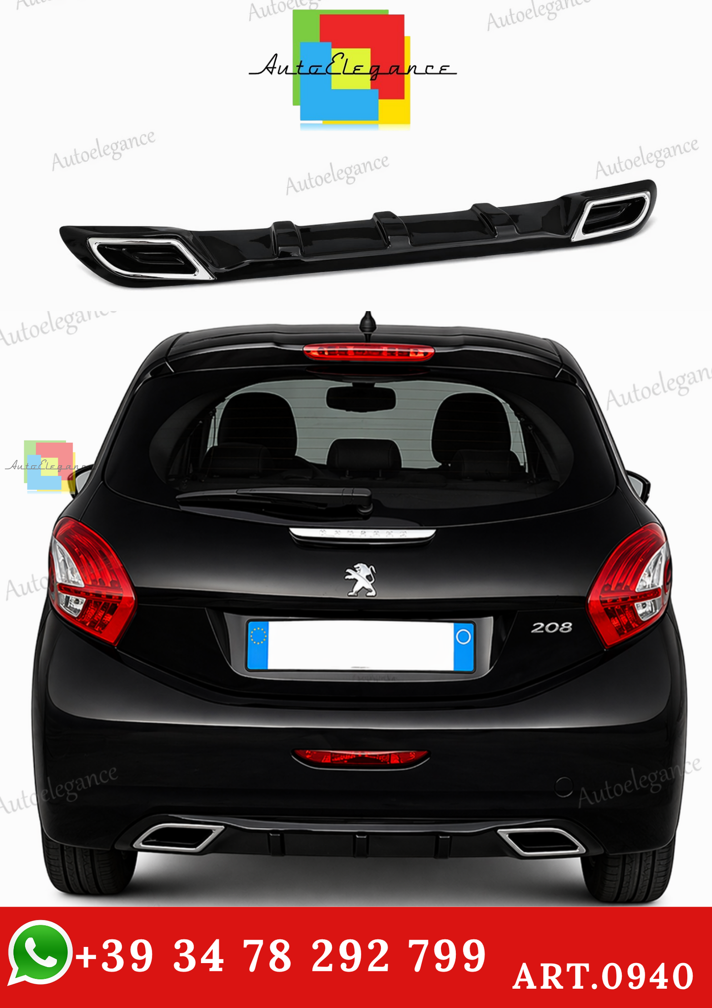 🔥ART.0940 DIFFUSORE ADATTO PER PEUGEOT 208 TERMINALI OVALI ABS NERO LUCIDO🔥