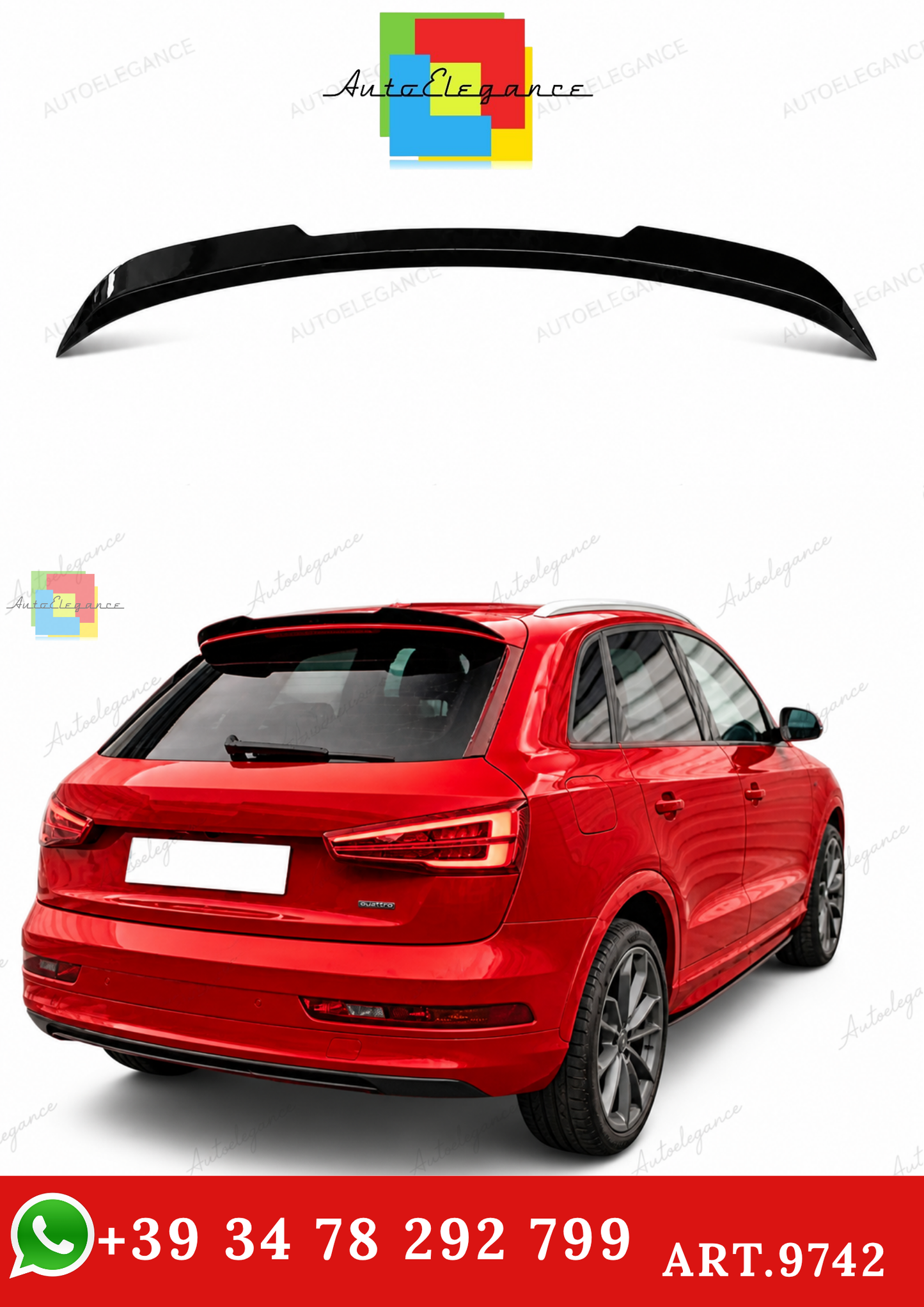 🔥ART.9742 SPOILER POSTERIORE PER TETTO Q3 NERO LUCIDO IN ABS / 12 - 18🔥