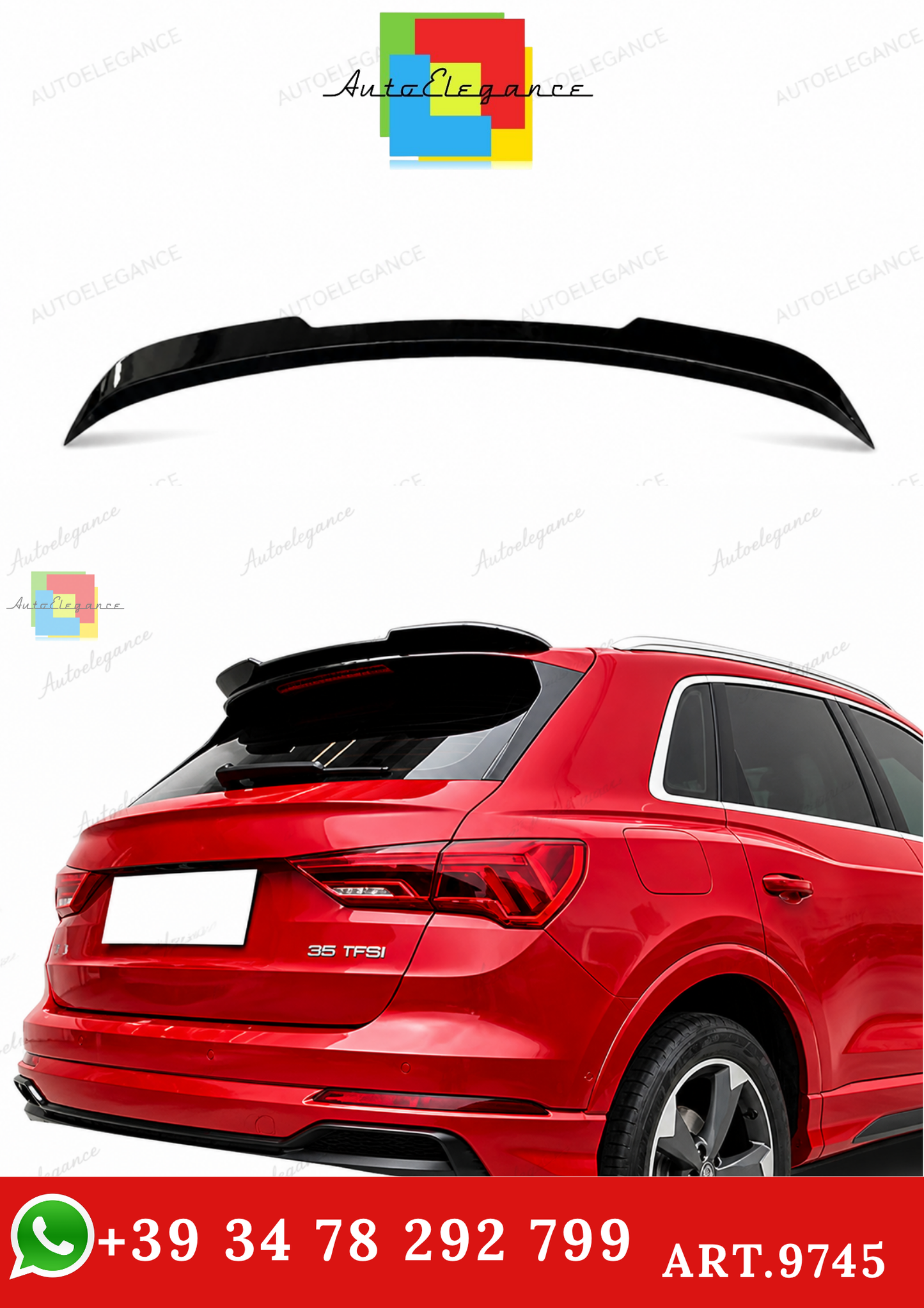 🔥ART.9745 SPOILER POSTERIORE PER TETTO AUDI Q3 NERO LUCIDO IN ABS / 2018+🔥