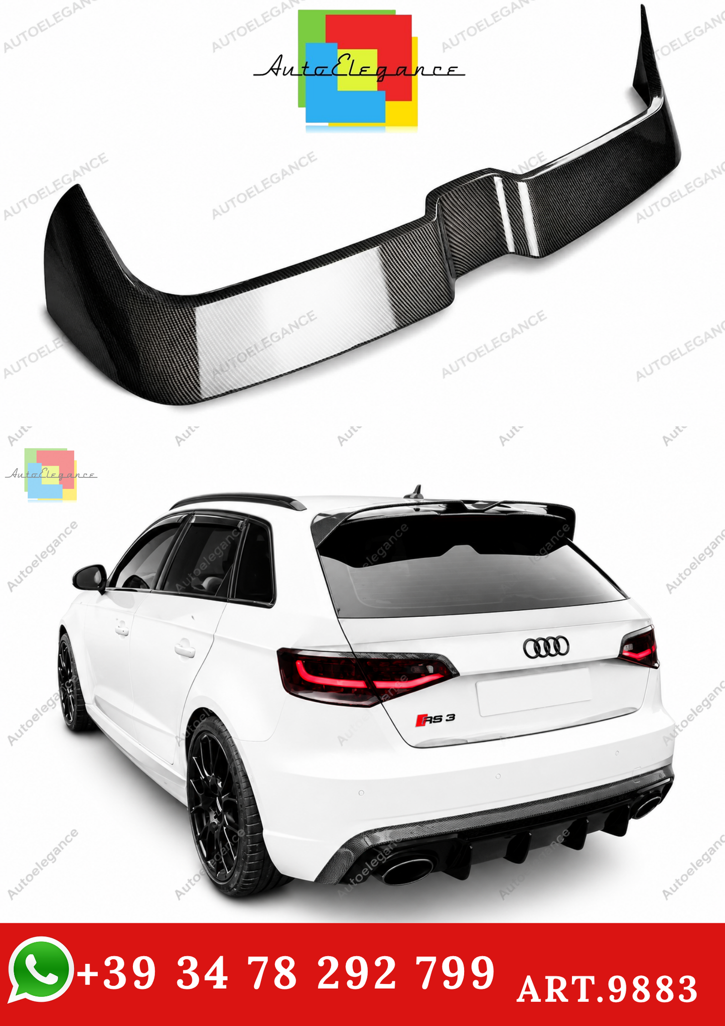 🔥ART.9883 SPOILER IN FIBRA DI CARBONIO PER AUDI A3 S3 RS3 8V SPORTBACK 13-20🔥
