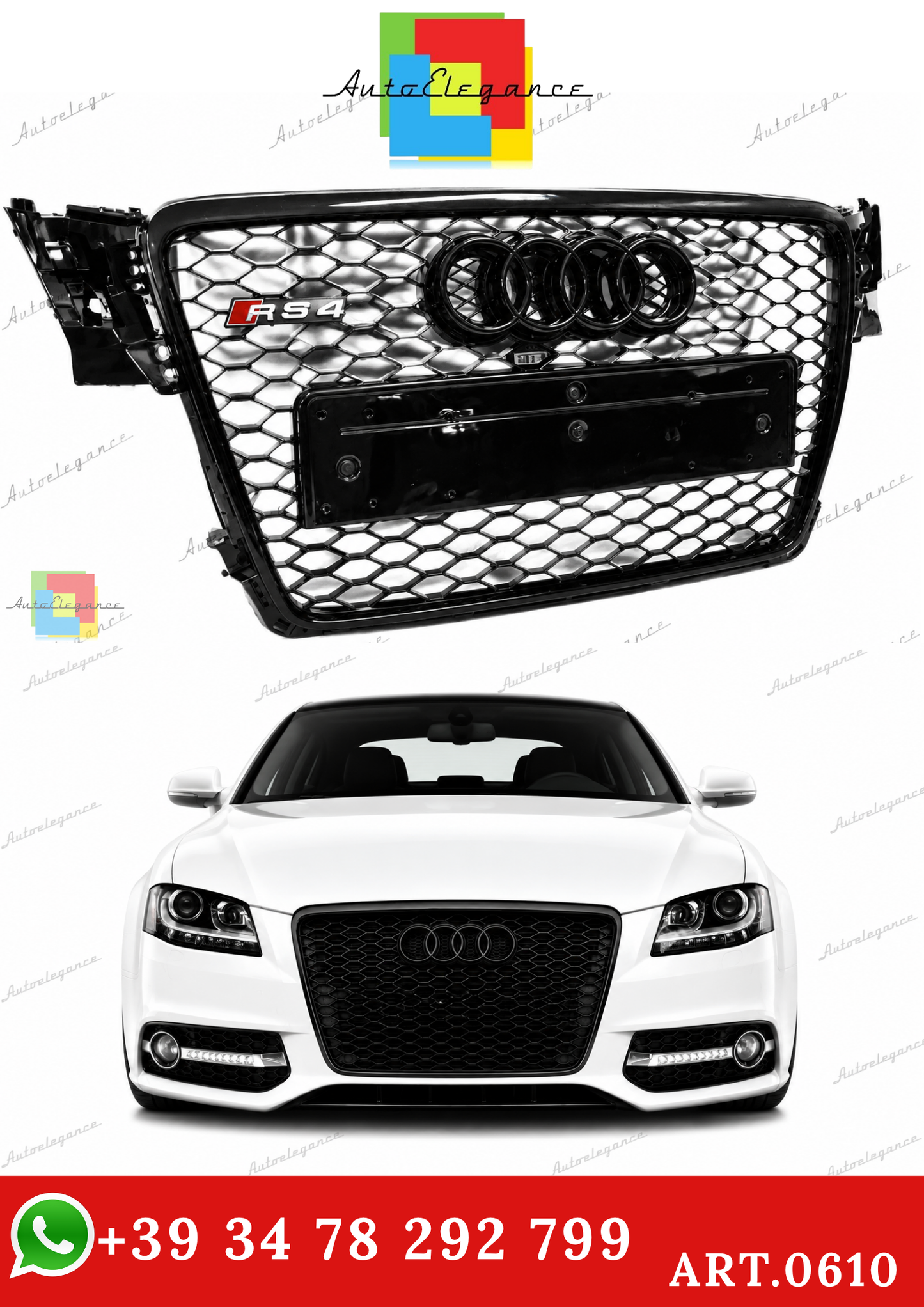 🔥ART.0610 GRIGLIA ANTERIORE ADATTO PER AUDI A4 B8 2007-2011 LOOK RS4, NERO🔥