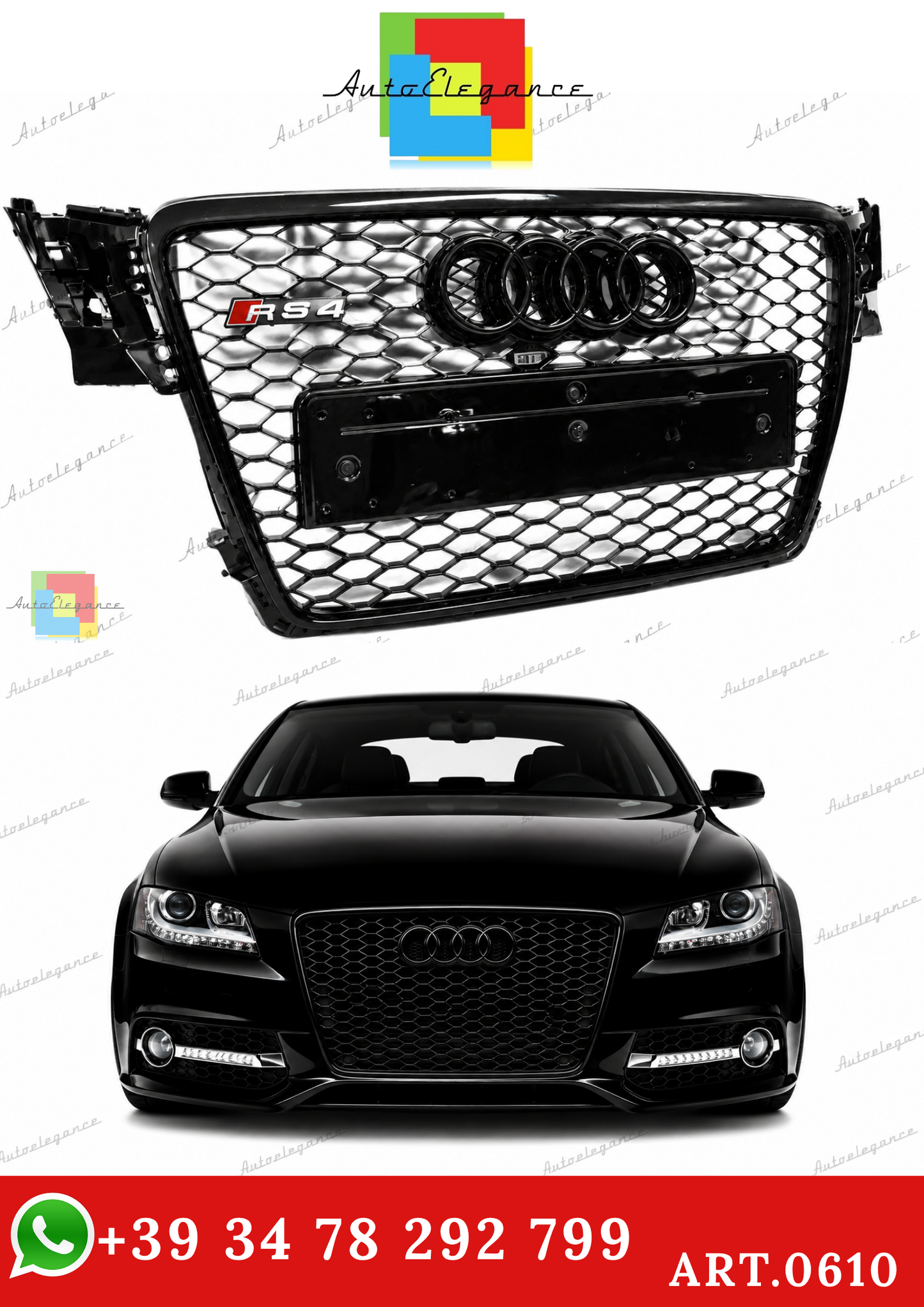 🔥ART.0610 GRIGLIA ANTERIORE ADATTO PER AUDI A4 B8 2007-2011 LOOK RS4, NERO🔥