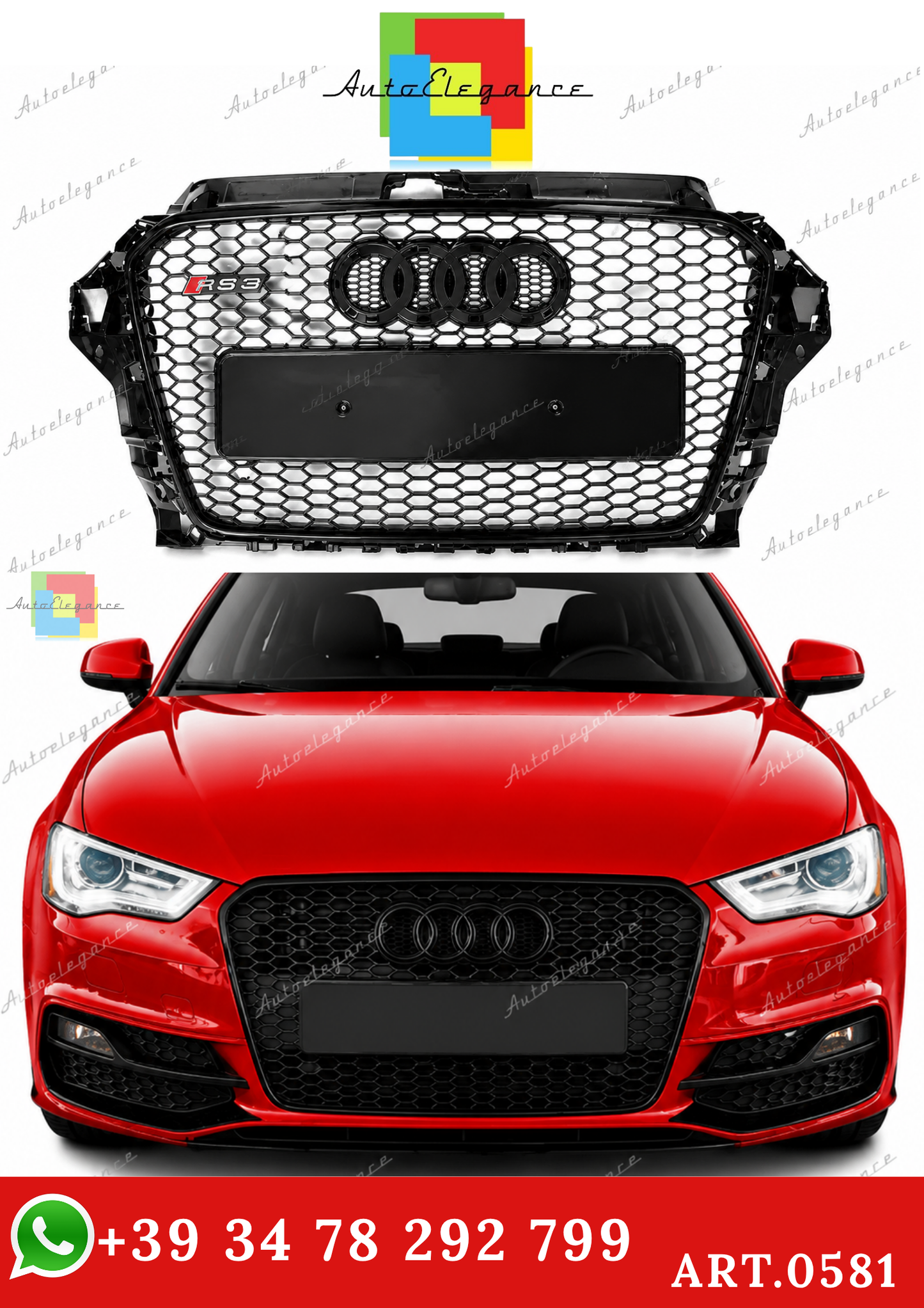 🔥ART.0581 GRIGLIA ADATTO PER AUDI A3 8V 2012-2016 LOOK RS3 NERO🔥