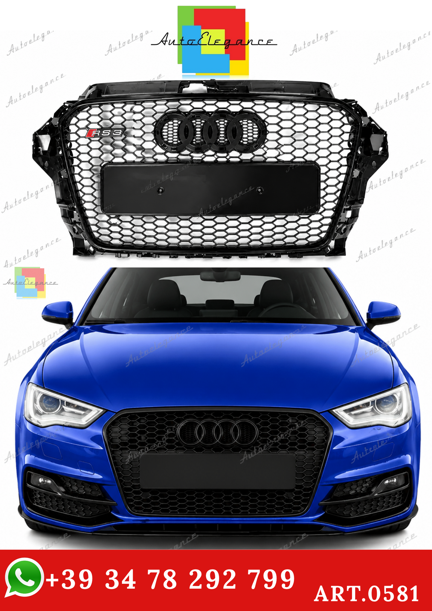 🔥ART.0581 GRIGLIA ADATTO PER AUDI A3 8V 2012-2016 LOOK RS3 NERO🔥