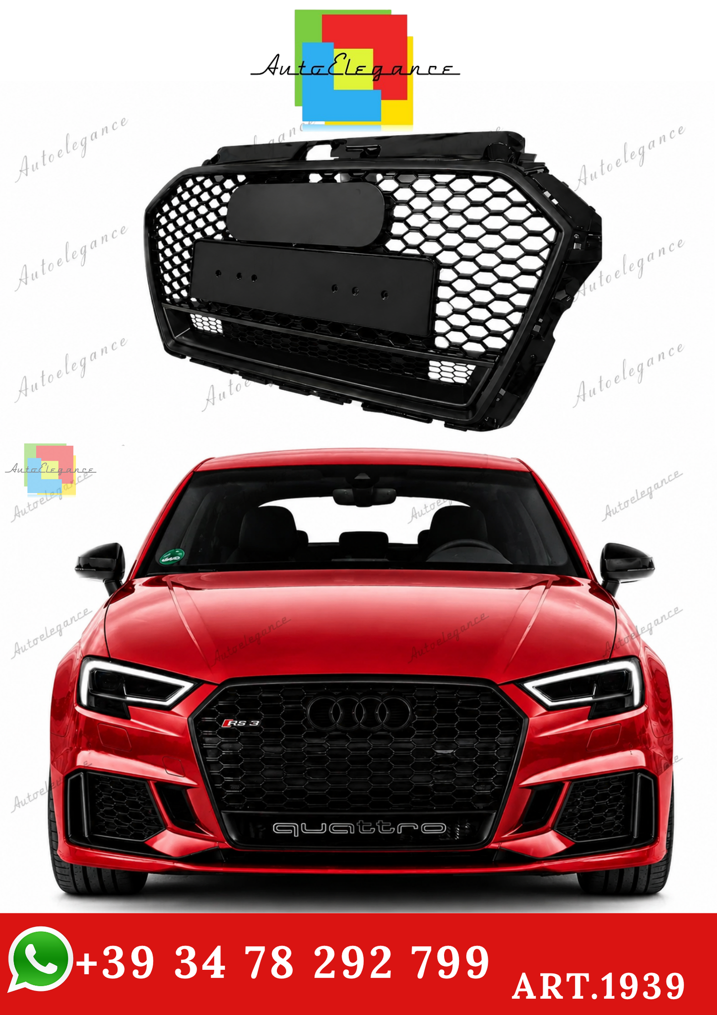 🔥ART.1939 GRIGLIA PER AUDI A3 8V 2016-2020 LOOK RS3 QUATTRO NERO LUCIDO🔥