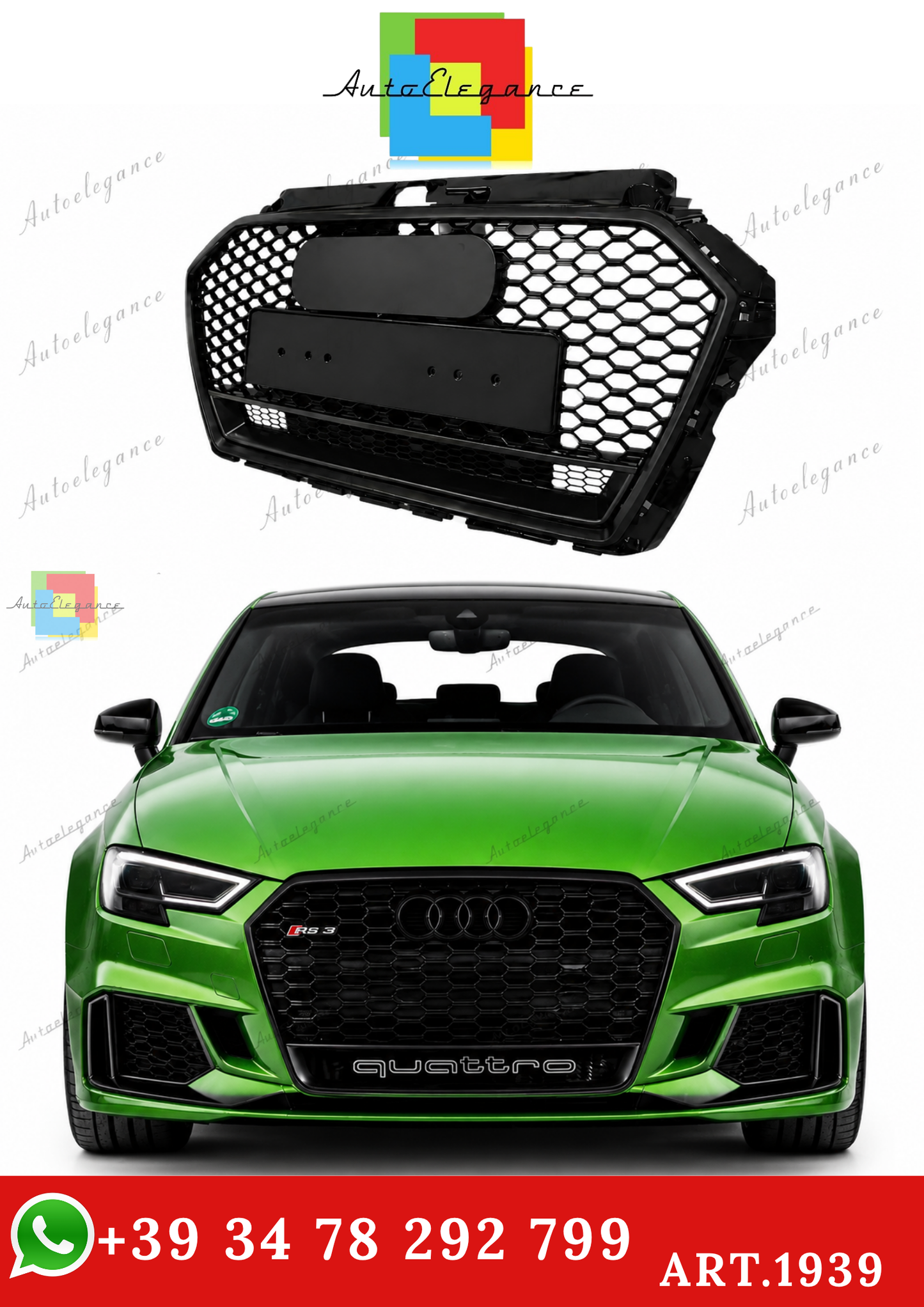 🔥ART.1939 GRIGLIA PER AUDI A3 8V 2016-2020 LOOK RS3 QUATTRO NERO LUCIDO🔥