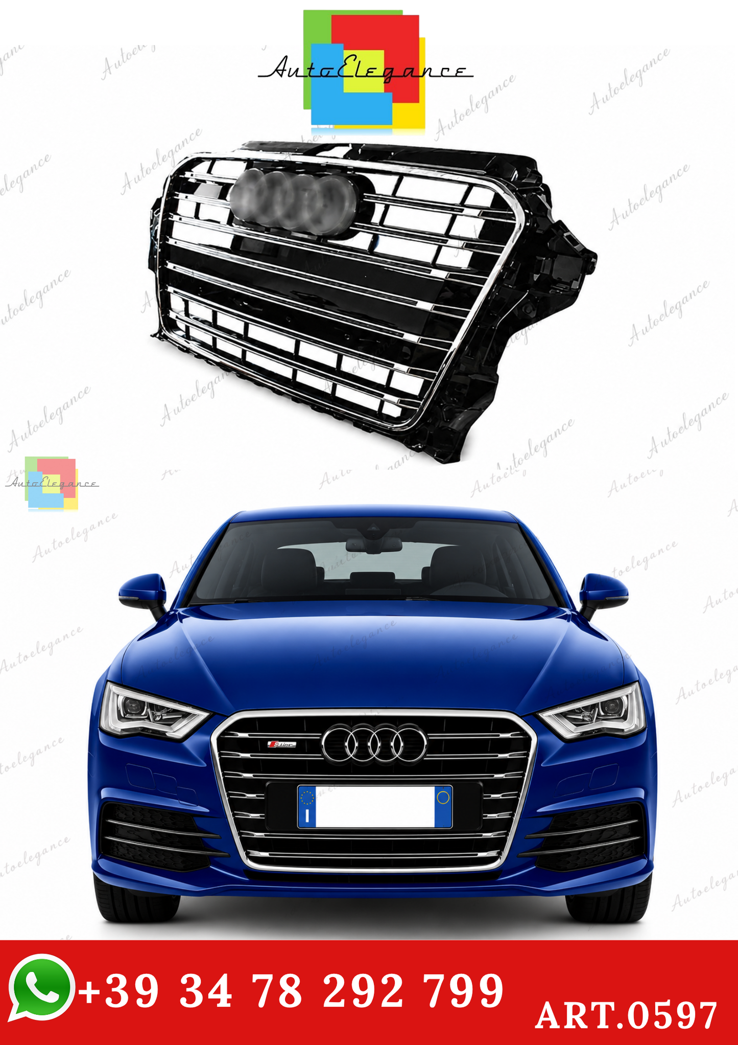 🔥ART.0597 GRIGLIA ADATTO PER  AUDI A3 8V 12-6 LOOK S3 NERA PROFILI CROMATI🔥