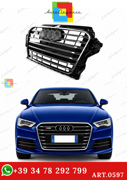 🔥ART.0597 GRIGLIA ADATTO PER  AUDI A3 8V 12-6 LOOK S3 NERA PROFILI CROMATI🔥