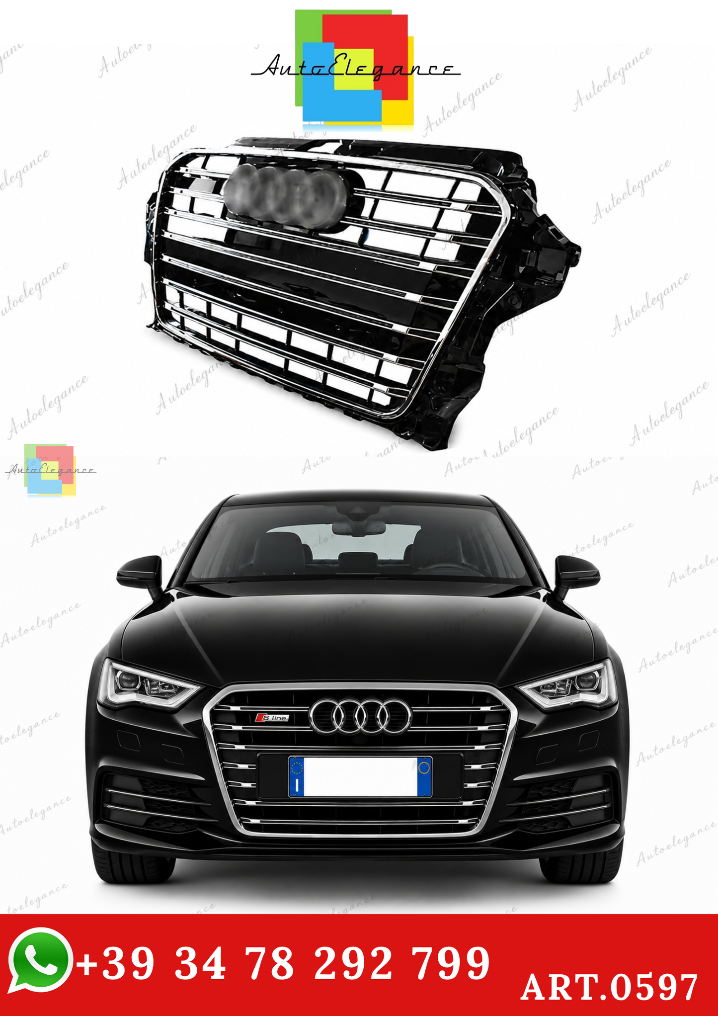 🔥ART.0597 GRIGLIA ADATTO PER  AUDI A3 8V 12-6 LOOK S3 NERA PROFILI CROMATI🔥