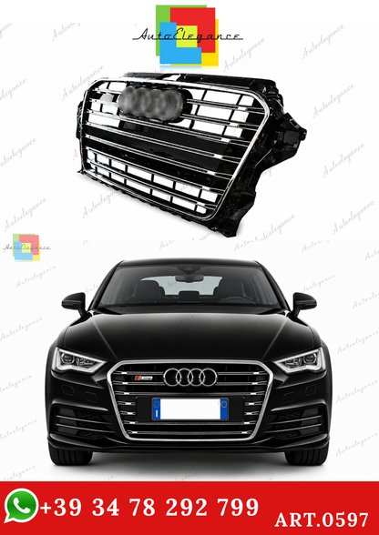 🔥ART.0597 GRIGLIA ADATTO PER  AUDI A3 8V 12-6 LOOK S3 NERA PROFILI CROMATI🔥