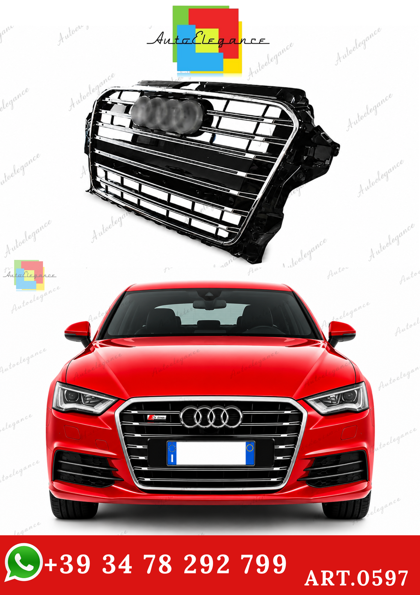 🔥ART.0597 GRIGLIA ADATTO PER  AUDI A3 8V 12-6 LOOK S3 NERA PROFILI CROMATI🔥