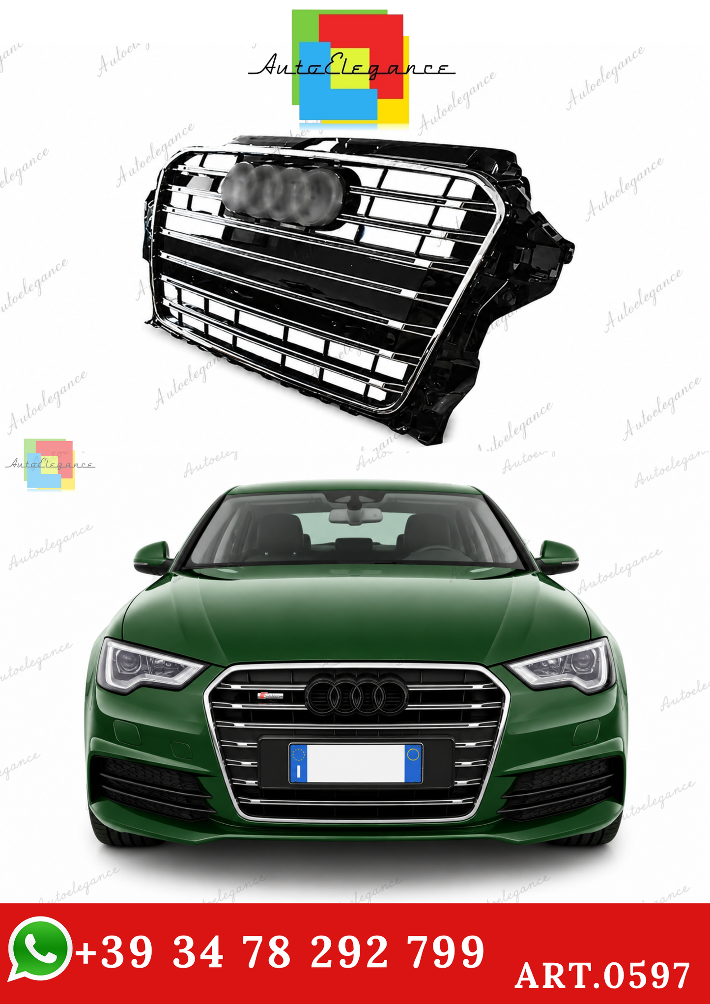 🔥ART.0597 GRIGLIA ADATTO PER  AUDI A3 8V 12-6 LOOK S3 NERA PROFILI CROMATI🔥