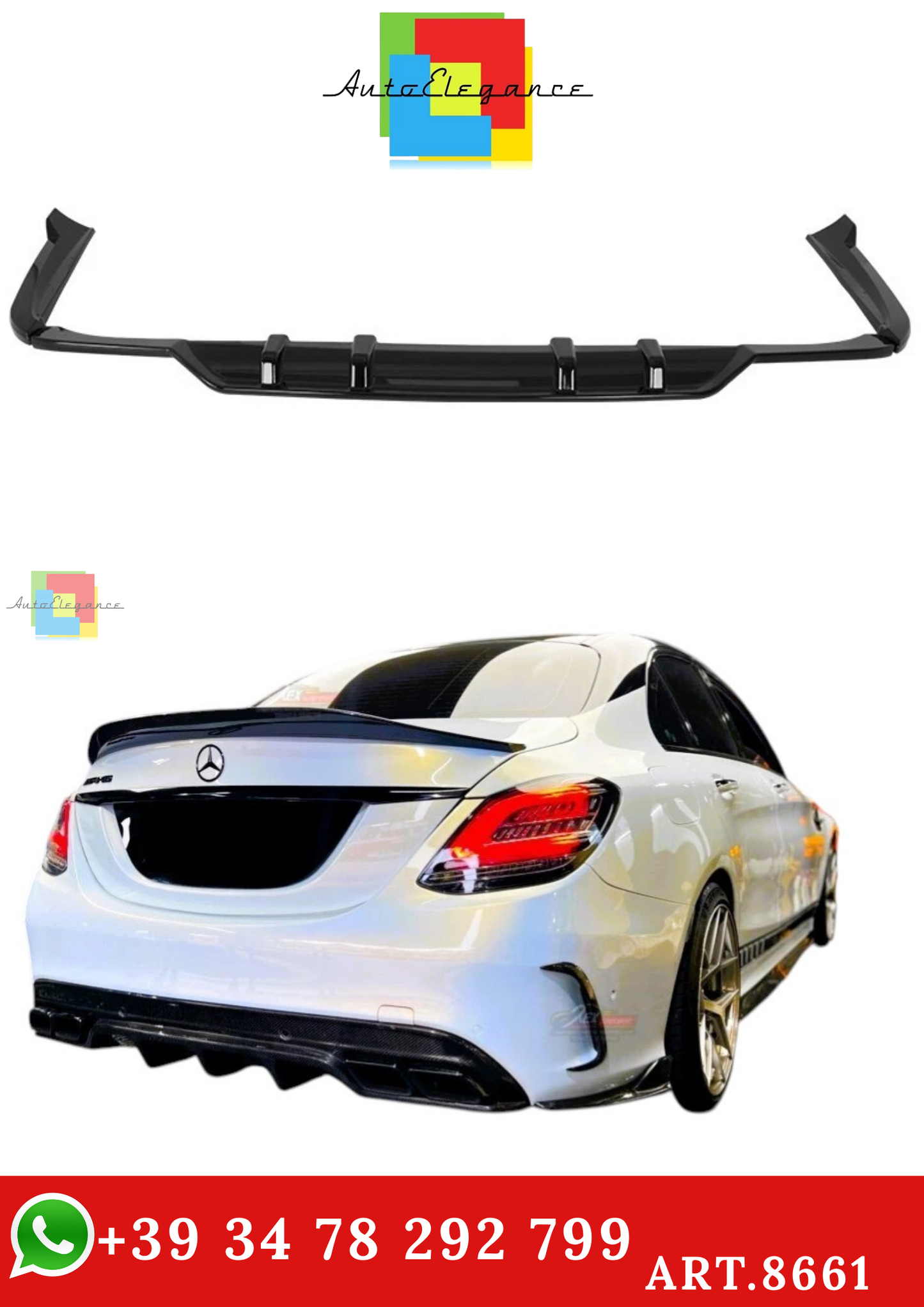 🔥ART.8661 DIFFUSORE POSTERIORE MERCEDES CLASSE C W205 NERO LUCIDO 19-21🔥