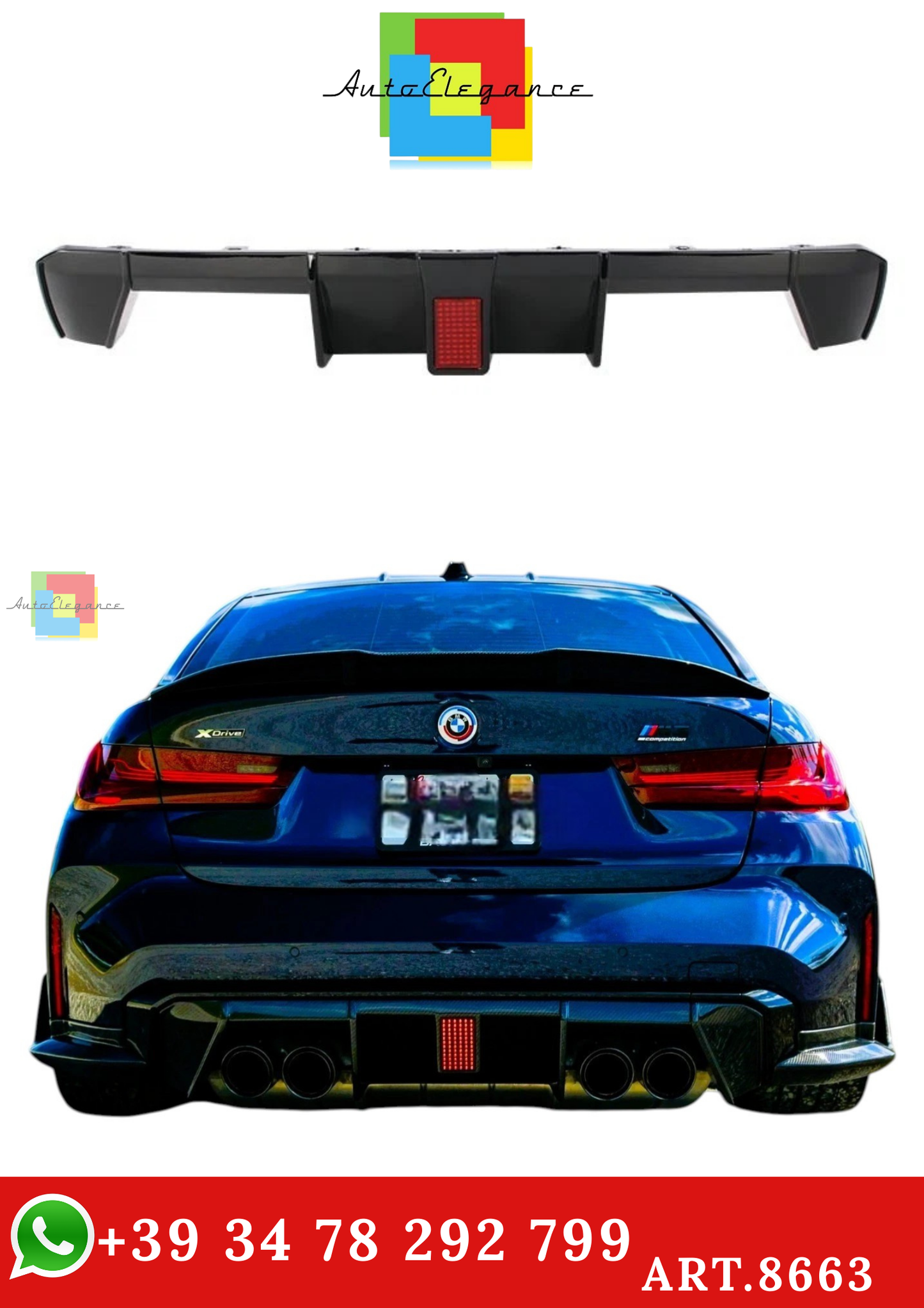🔥ART.8663 DIFFUSORE POSTERIORE PER BMW M3 M4 G80 G82  NERO LUCIDO LABBRO LED🔥