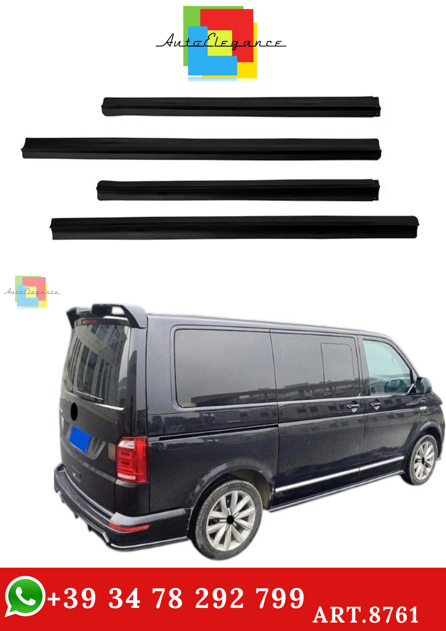🔥ART.8761 MINIGONNE LATERALI PER VW TRANSPOETRE T6 NERO LUCIDO ESTENSIONI🔥