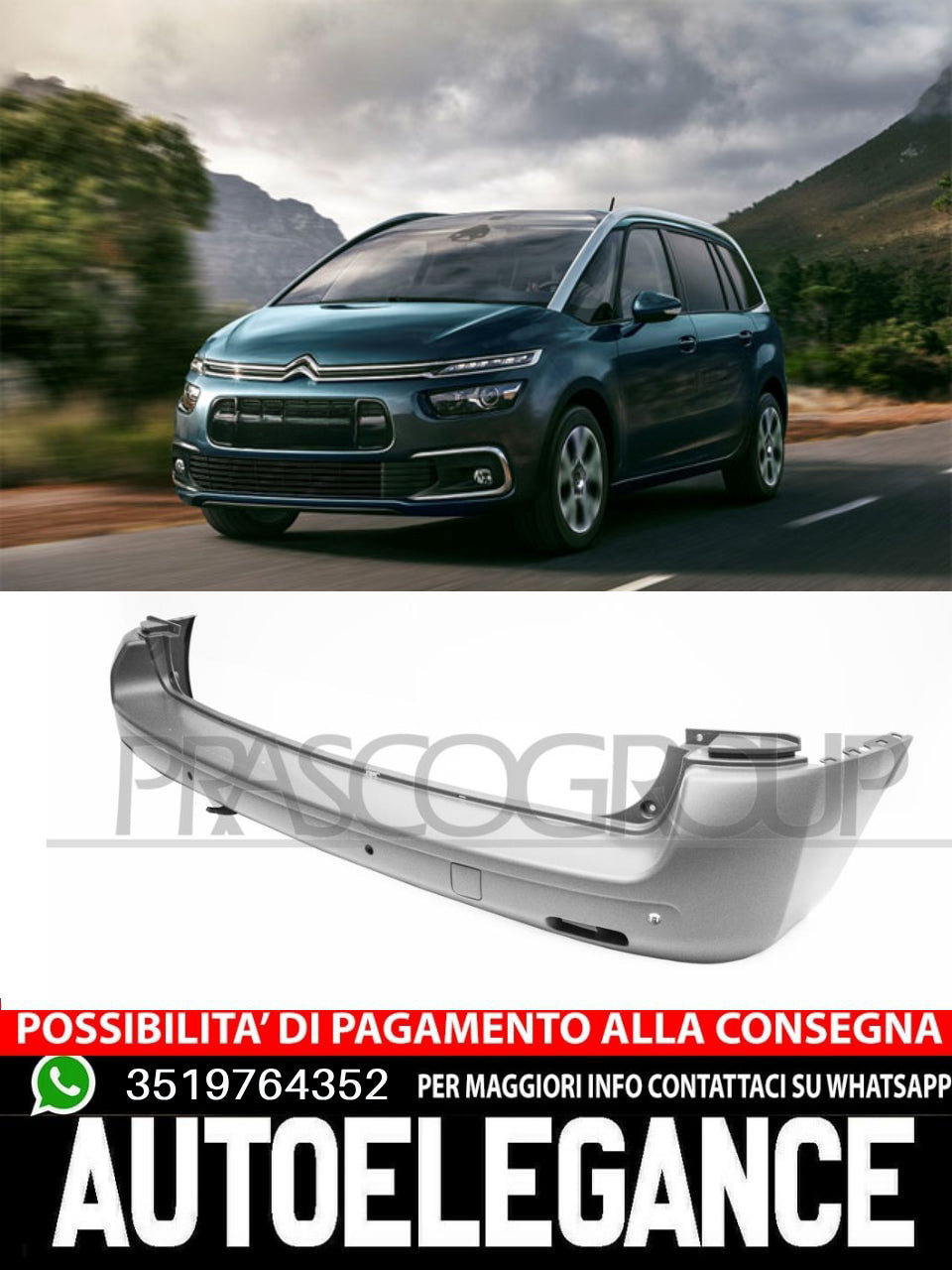 Paraurti Prasco Posteriore CON PRIMER FORI PDC Per Citroen Spacetourer