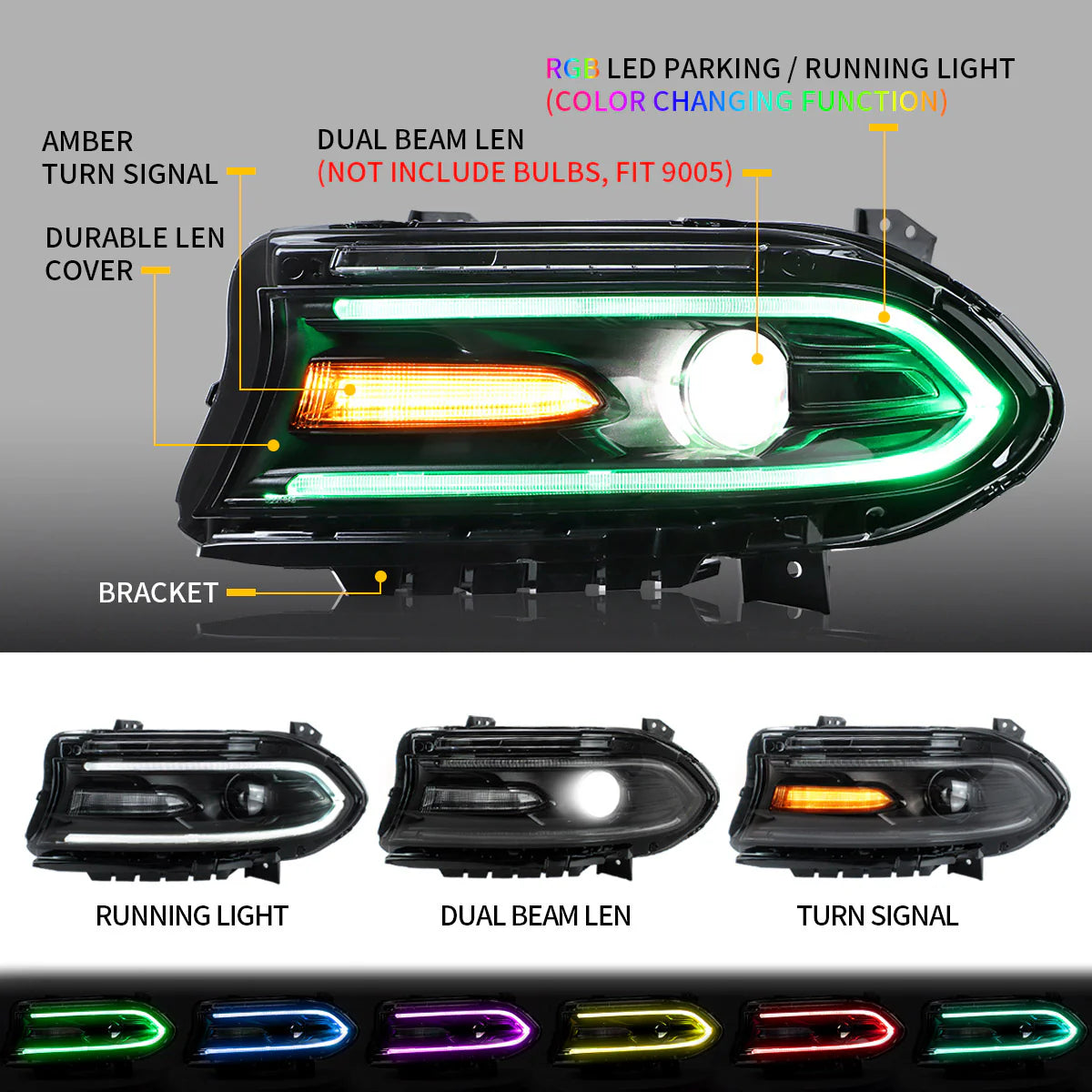 Fari per proiettore RGB per Dodge Charger 2015-UP (obiettivo a doppio raggio con sistema di cambio colore)