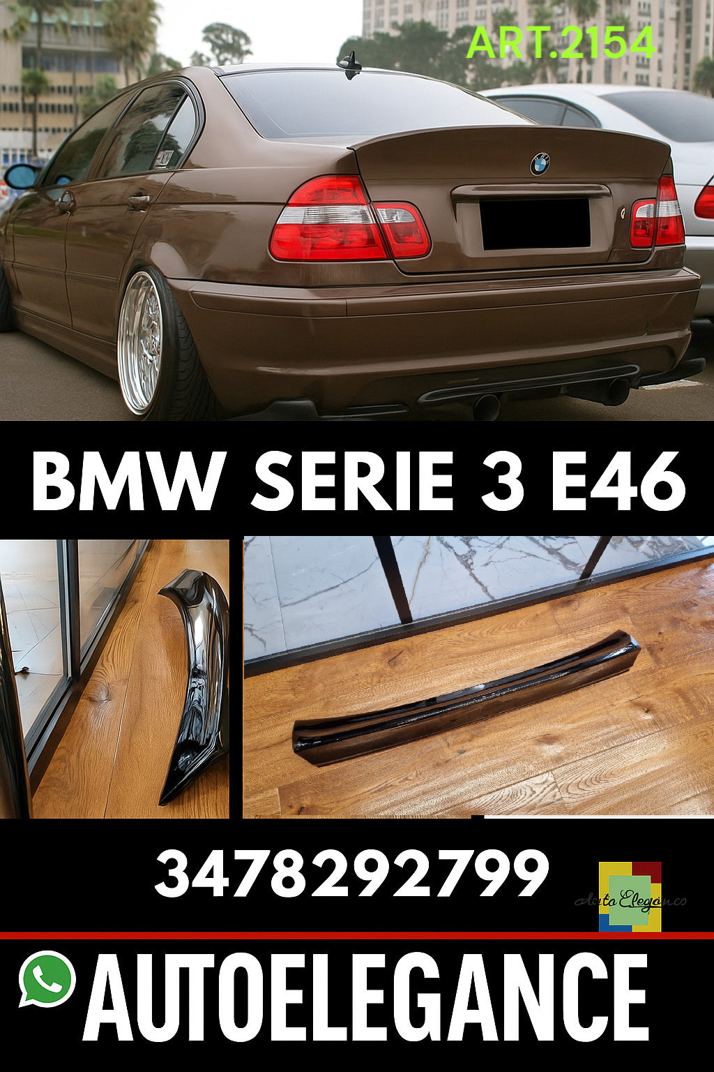 2154🔥SPOILER ADATTO PER BMW SERIE 3E46 1997-2006 BERLINA LOOK CSL NERO LUCIDO🔥