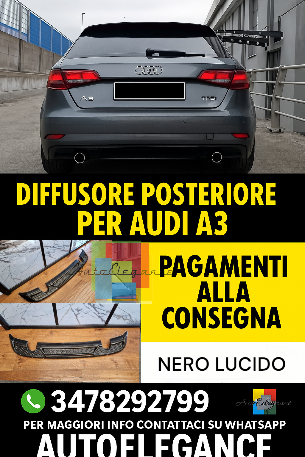 ⭐2157 DIFFUSORE ADATTO PER AUDI A3 8V 2016-2020 LOOK S3 NERO LUCIDO 1+1⭐