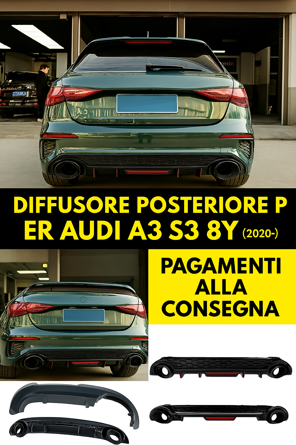 ⭐Diffusore paraurti posteriore adatto per Audi A3 8Y Hatchback S-Line S3 2020⭐