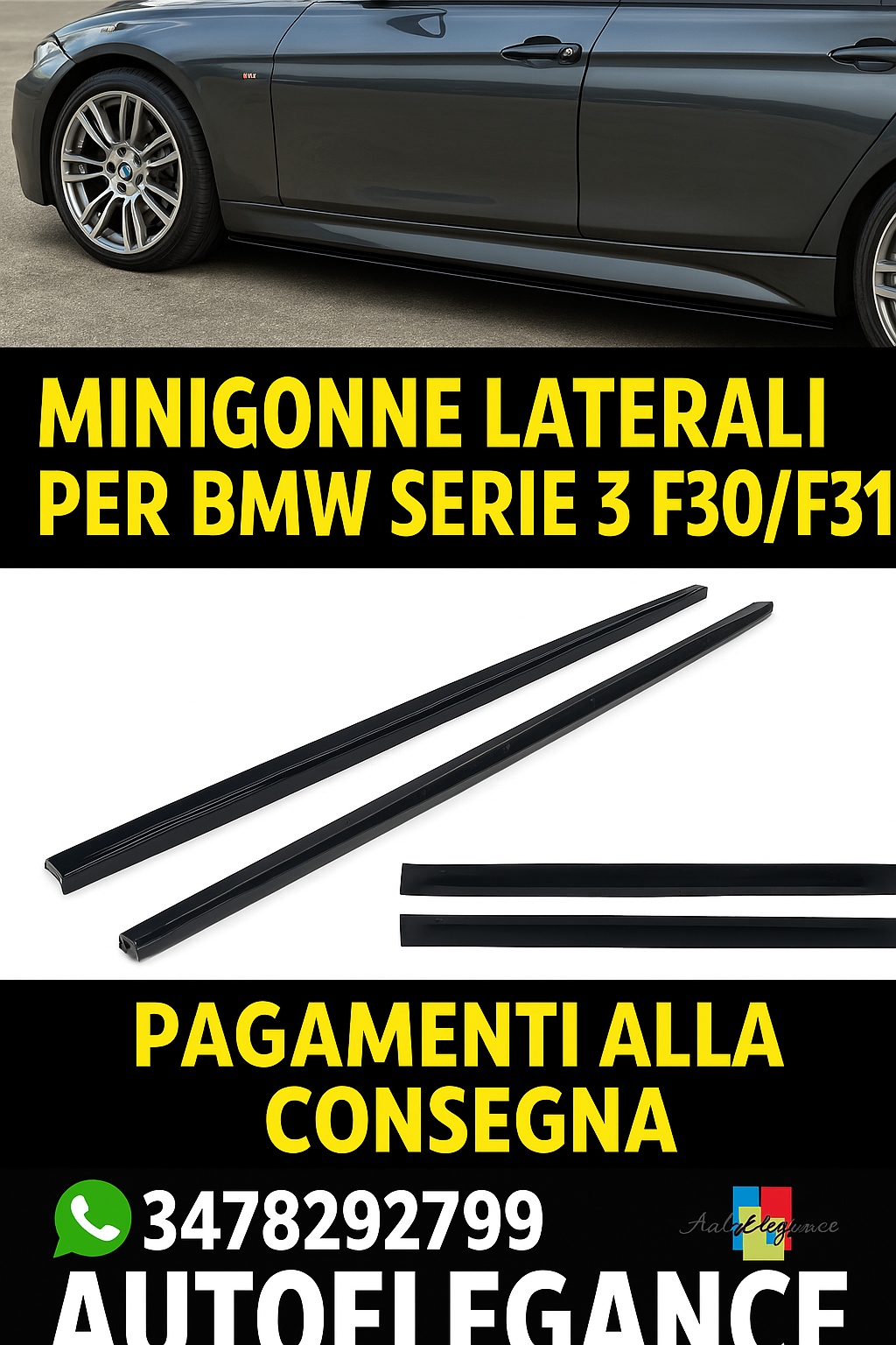 ⭐Minigonne laterali Adatto per BMW Serie 3 F30 F31 NERO LUCIDO⭐
