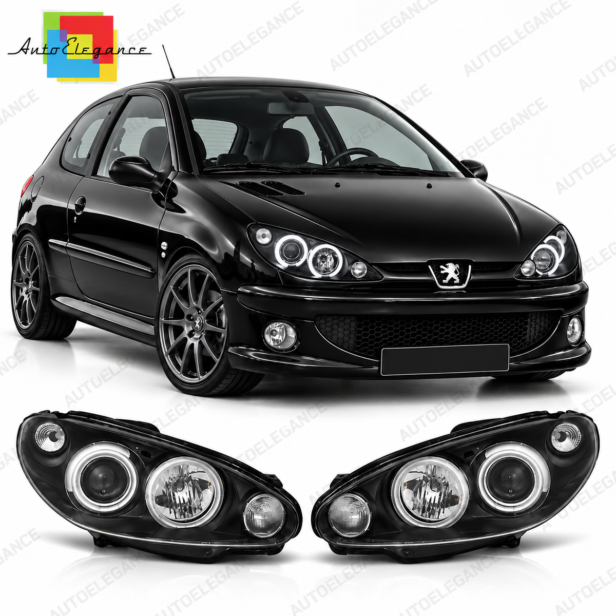 💕 Fari Anteriori Adatti per Peugeot 206 02+ Angel Eyes CCFL Neri 💕