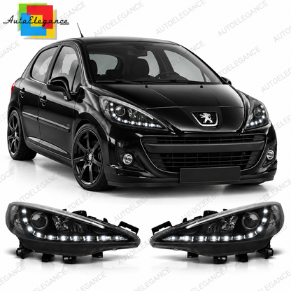 💕 Fari Anteriori Adatti per Peugeot 207 06-12 LED DRL Neri +Motor 💕