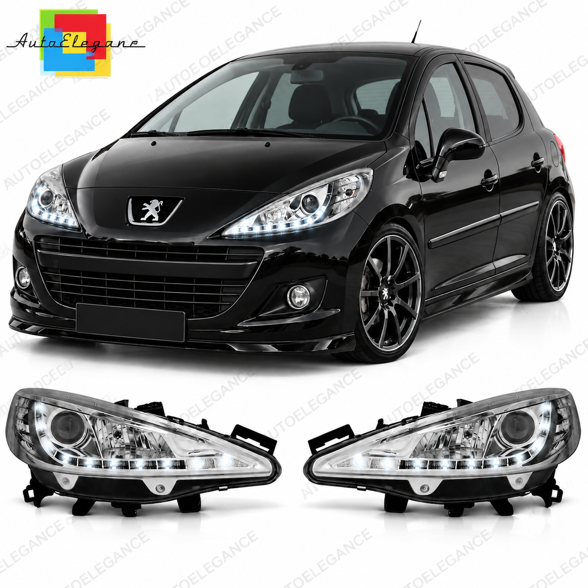 💕 Fari Anteriori Adatti per Peugeot 207 06-12 LED DRL Cromati +Motor 💕
