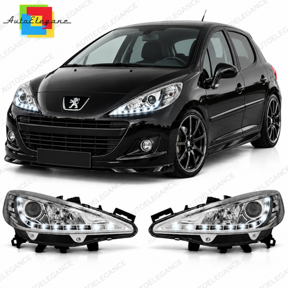 💕 Fari Anteriori Adatti per Peugeot 207 06-12 LED DRL Cromati +Motor 💕