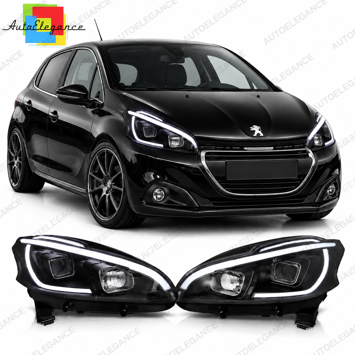 💕 Fari Anteriori Adatti per Peugeot 208 12-15 LED DRL Tube Light Neri 💕
