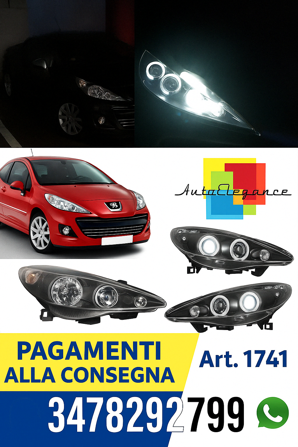 🔥1741 FARI ANTERIORI ADATTO PER PEUGEOT 207 207 CC 06-2012 NERI ANGEL EYES🔥