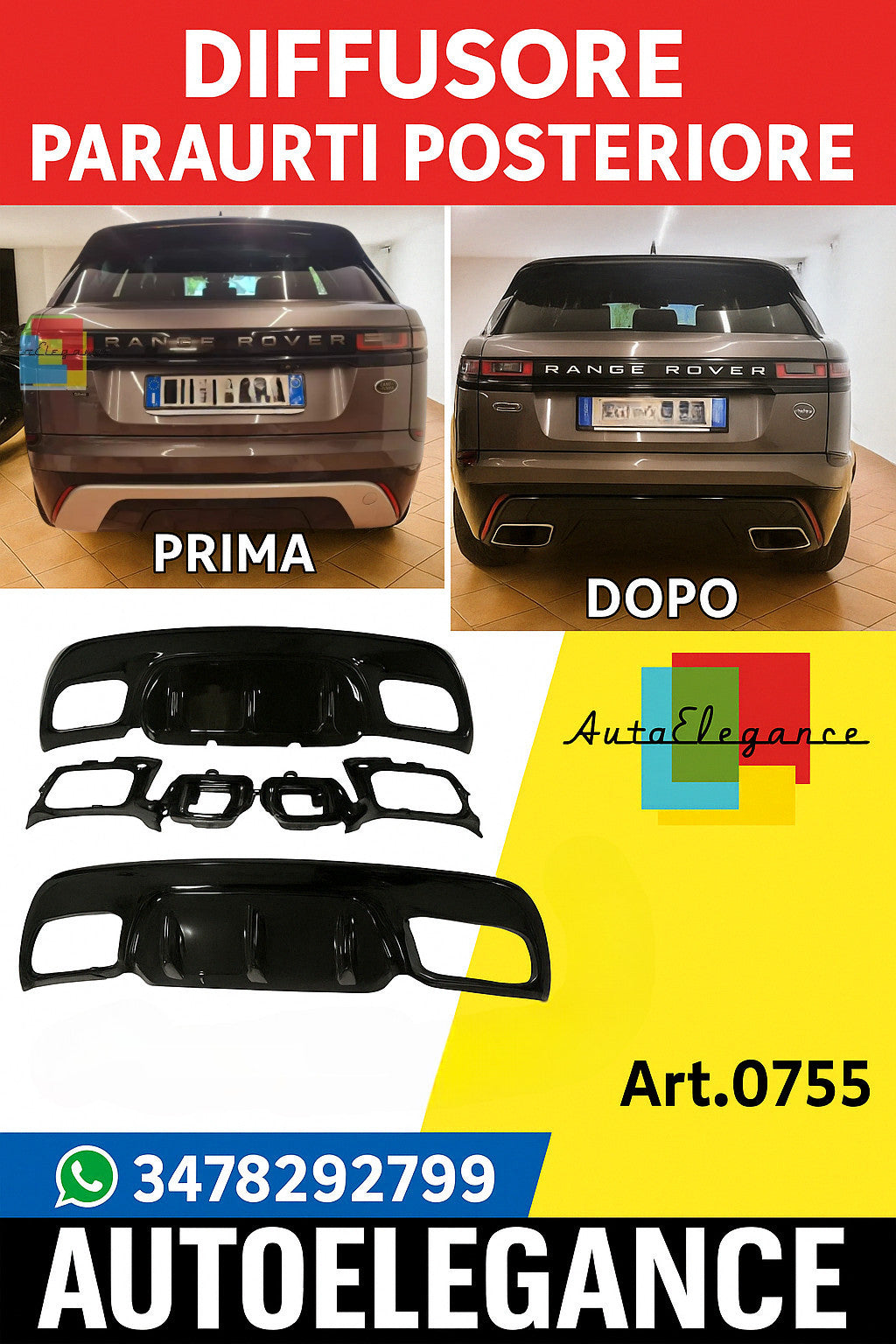 ⭐0755 DIFFUSORE RANGE ROVER VELAR SUVL560 17+TERMINALI  ALL BLACK NERO LUCIDO⭐