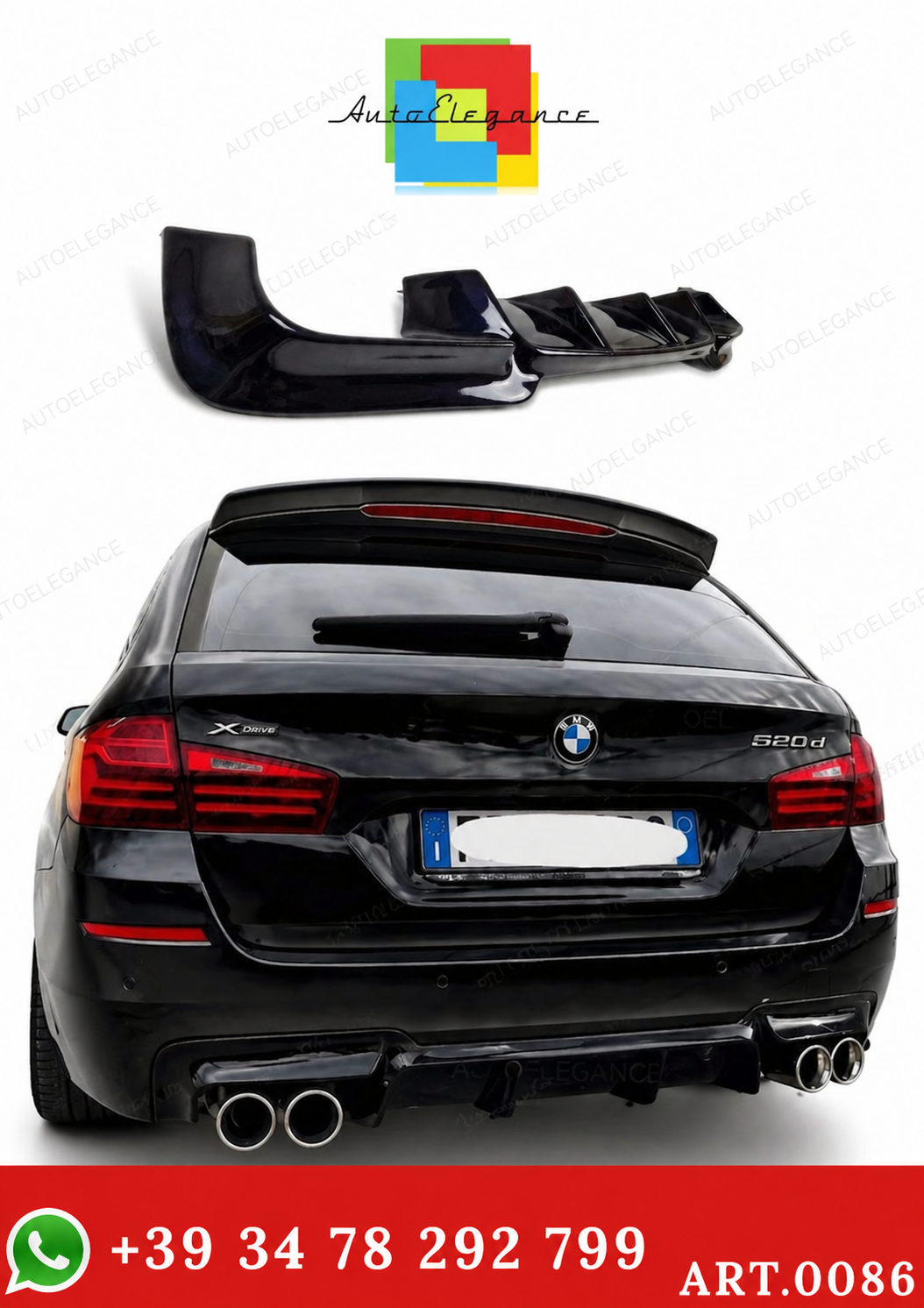 💫ART. 0086 Diffusore Posteriore Nero Lucido per  BMW Serie 5 F10 F11💫