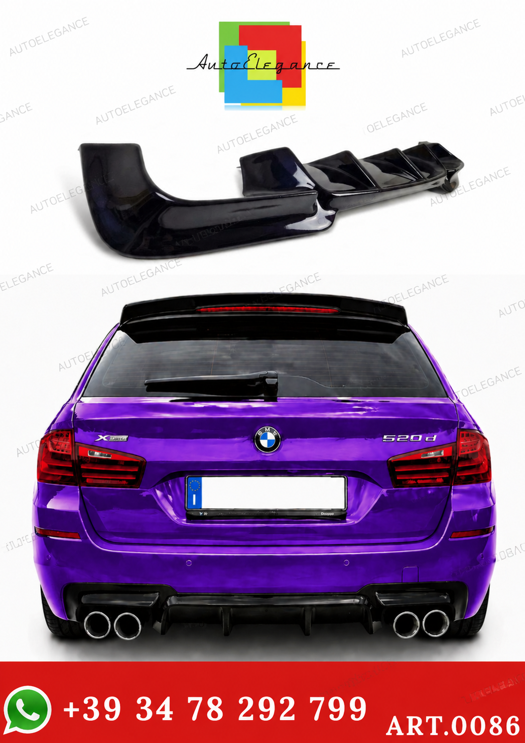 💫ART. 0086 Diffusore Posteriore Nero Lucido per  BMW Serie 5 F10 F11💫