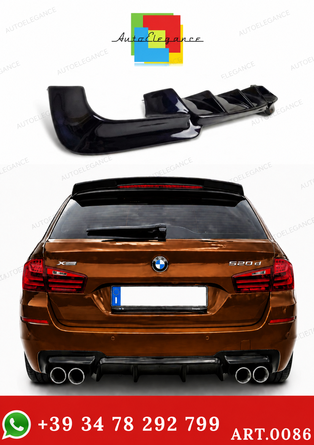 💫ART. 0086 Diffusore Posteriore Nero Lucido per  BMW Serie 5 F10 F11💫