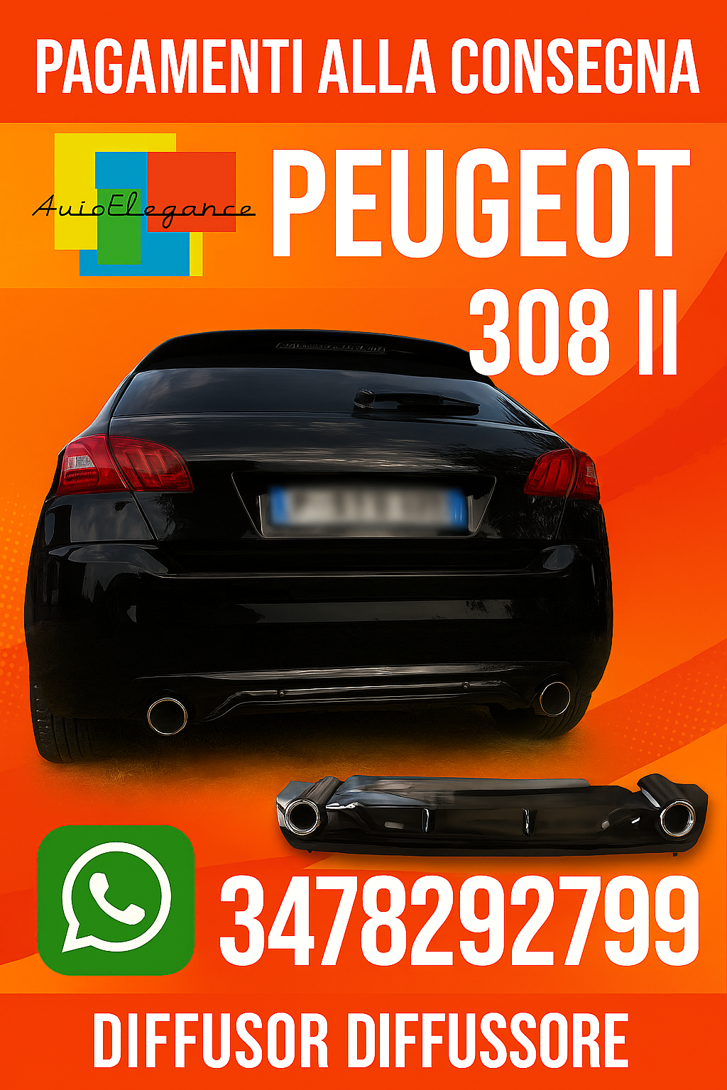 ⭐0254⭐DIFFUSORE NERO LUCIDO PER PEUGEOT 308 II 5 PORTE 13-21 LOOK GTI ⭐