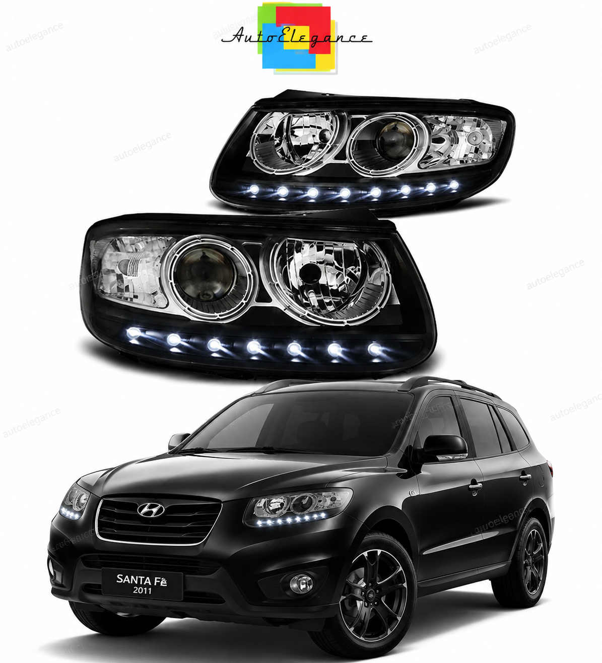 💕 Fari Anteriori Adatto per Hyundai Santa Fe 06-12 LED Daylight Neri 💕