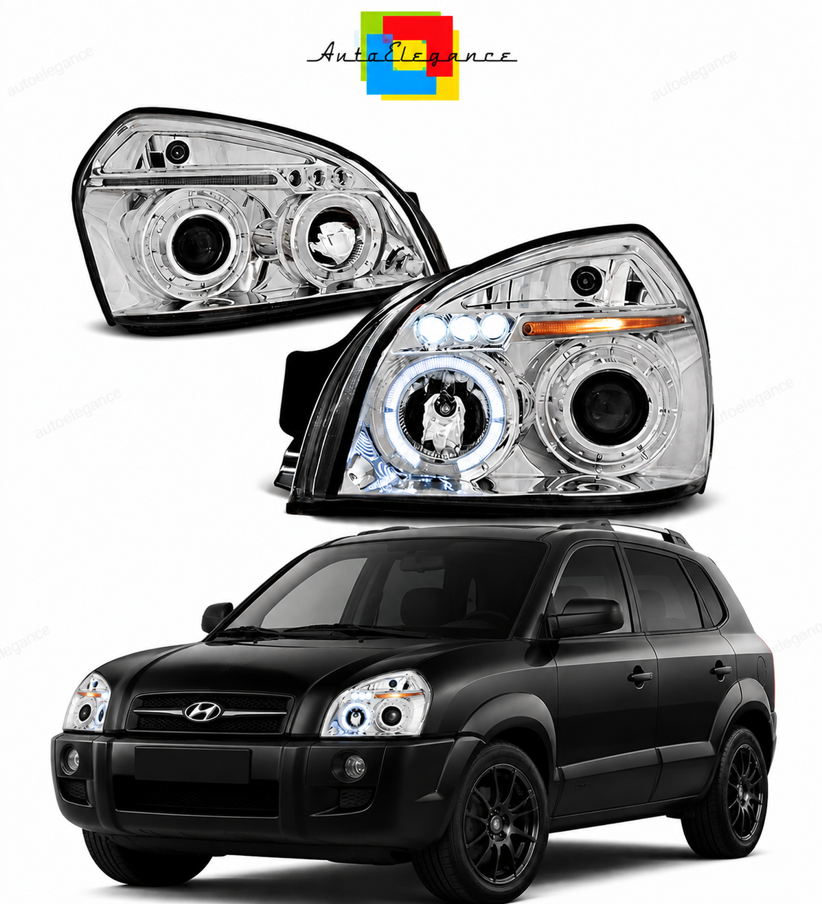 💕 Fari Anteriori Adatto per Hyundai Tucson 07-10 Angel Eyes Cromati 💕
