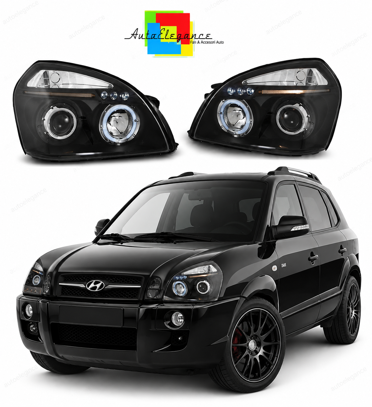 💕 Fari Anteriori Adatto per Hyundai Tucson 07-10 Angel Eyes Neri 💕