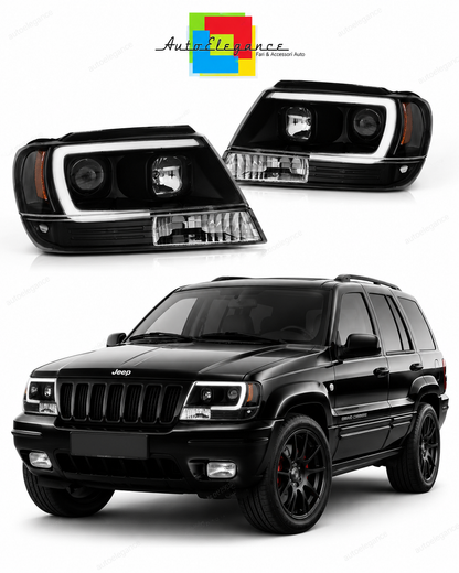 💕 Fari Anteriori Adatto per Jeep Grand Cherokee 99-05 LED Tube Neri 💕