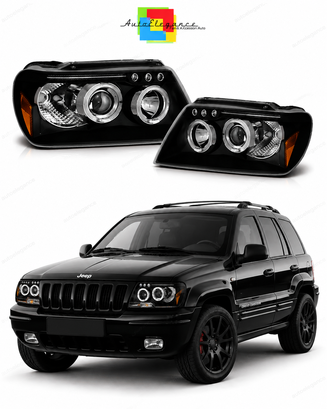 💕 Fari Anteriori Adatto per Jeep Grand Cherokee 99-05 Angel Eyes Neri 💕