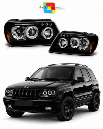 💕 Fari Anteriori Adatto per Jeep Grand Cherokee 99-05 Angel Eyes Neri 💕