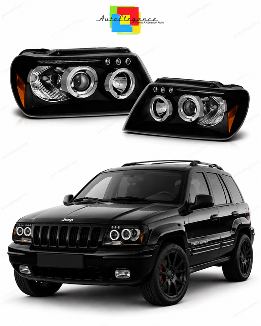 💕 Fari Anteriori Adatto per Jeep Grand Cherokee 99-05 Angel Eyes Neri 💕