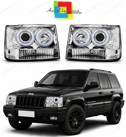 💕 Fari Anteriori Adatto per Jeep Grand Cherokee 93-98 Angel Eyes Cromati 💕