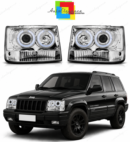 💕 Fari Anteriori Adatto per Jeep Grand Cherokee 93-98 Angel Eyes Cromati 💕