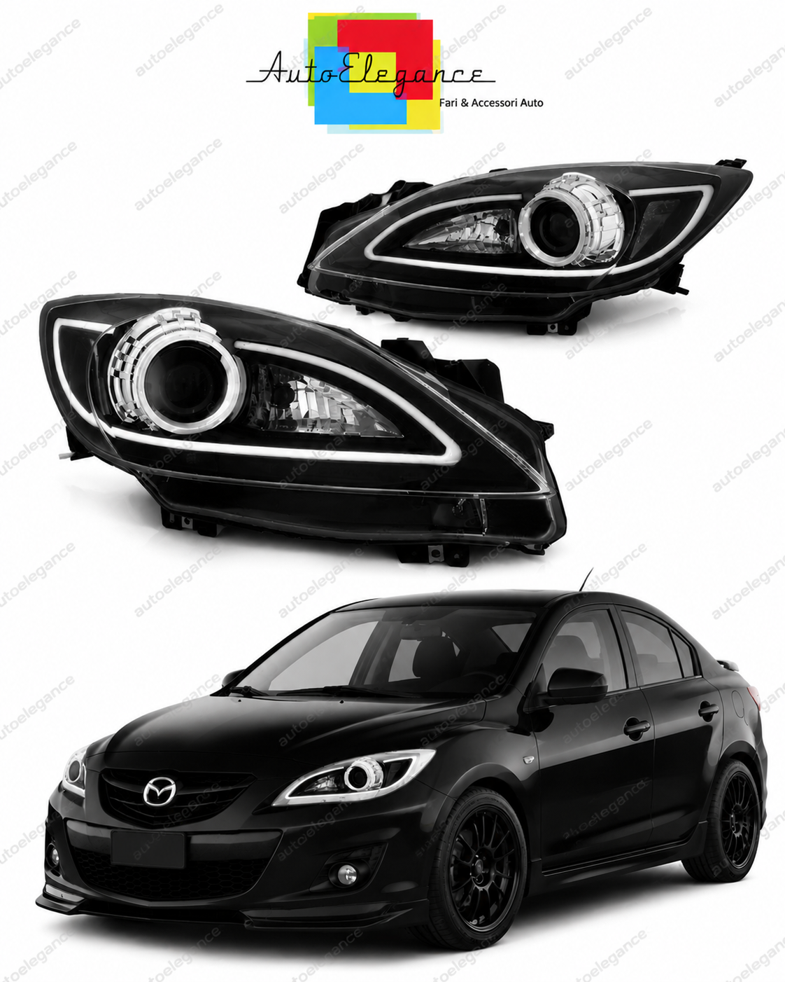 💕 Fari Anteriori Adatto per Mazda 3 09-13 LED Tube Neri 💕