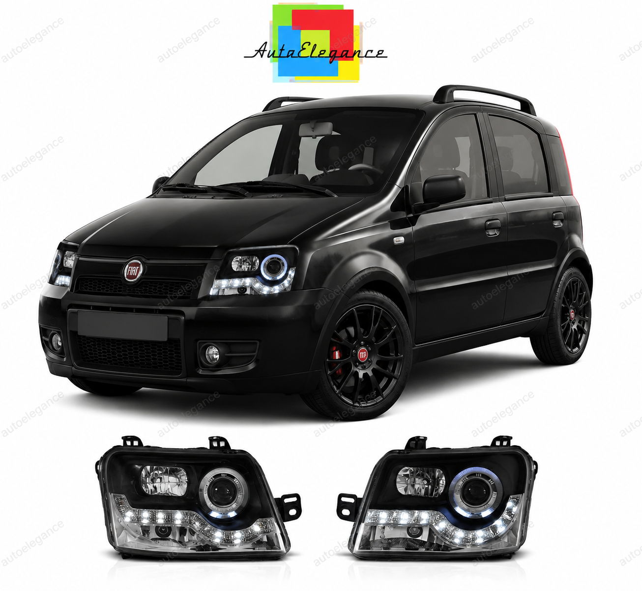 💕 Fari Anteriori Adatto per Fiat Panda 2003-2012 LED Angel Eyes Neri 💕