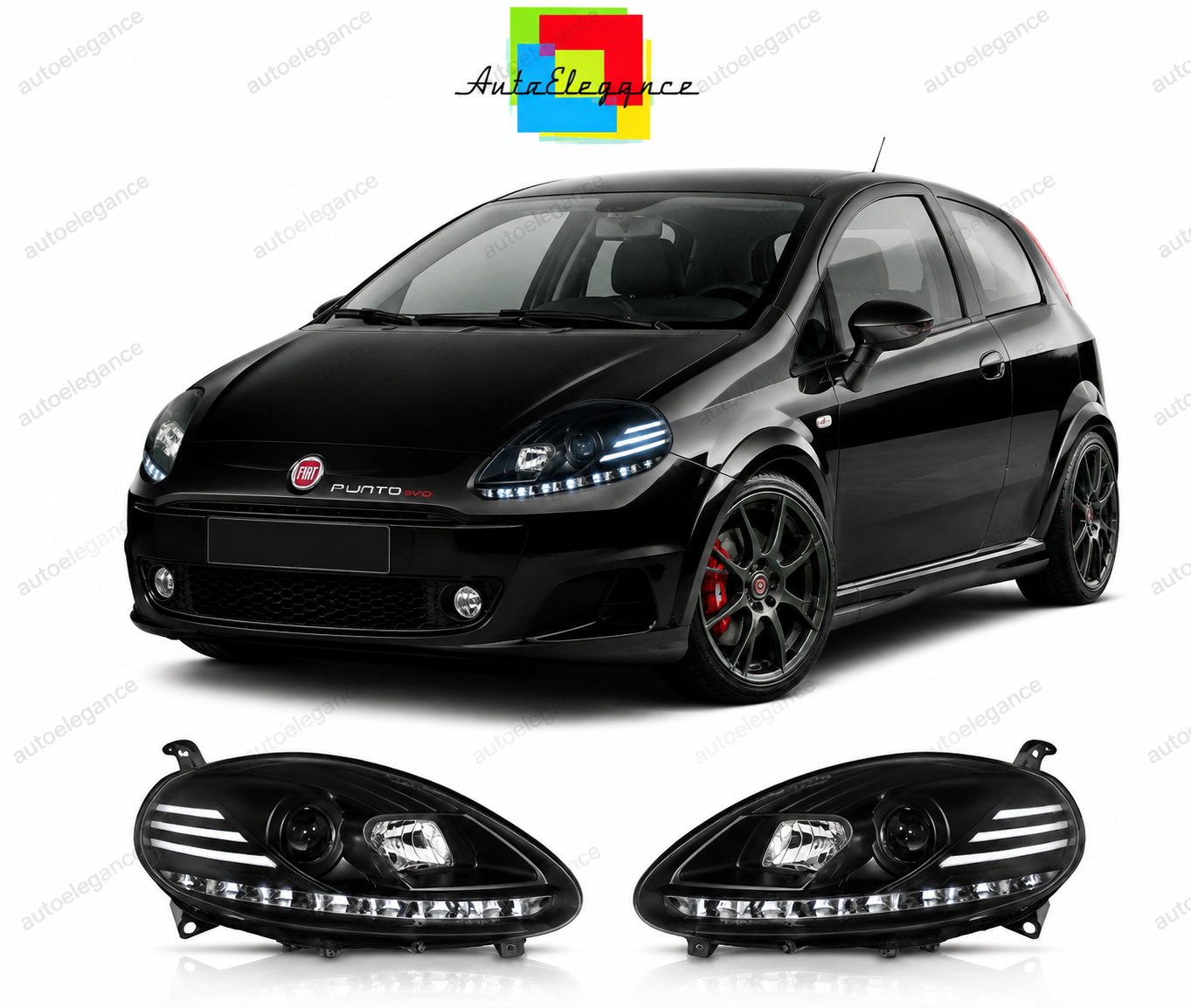 💕 Fari Anteriori Adatto per Fiat Punto Evo 2009-2012 LED DRL Neri 💕